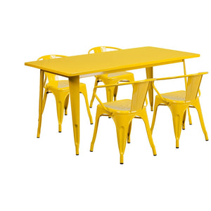 English Elm Fisher Commercial Grade Indoor-Outdoor Dining Set with Rectangular Table and 4 Stylish Arm Chairs Yellow 31.5"W x 63"L ET-CT005-4-70-YL-GG