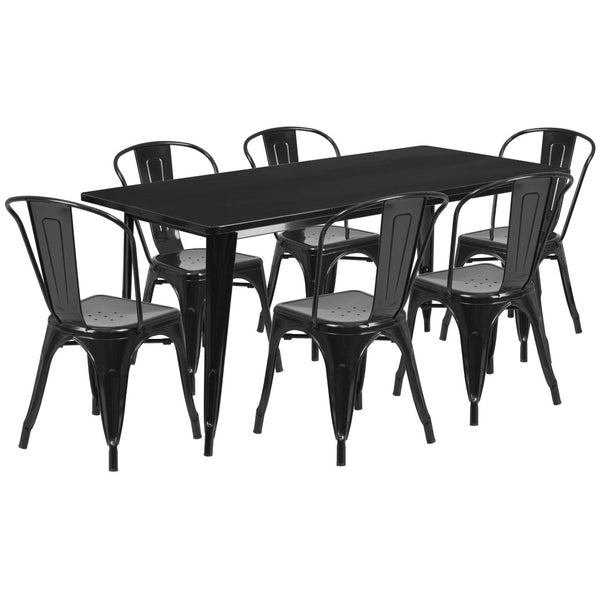 English Elm Gilbert Commercial-Grade Indoor-Outdoor Table Set with 6 Bistro Chairs for Timeless Dining Experience Black 31.5"W x 63"L ET-CT005-6-30-BK-GG