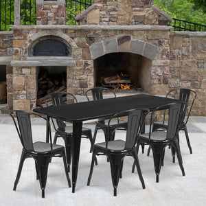 English Elm Gilbert Commercial-Grade Indoor-Outdoor Table Set with 6 Bistro Chairs for Timeless Dining Experience Black 31.5"W x 63"L ET-CT005-6-30-BK-GG