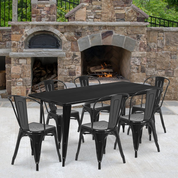English Elm Gilbert Commercial-Grade Indoor-Outdoor Table Set with 6 Bistro Chairs for Timeless Dining Experience Black 31.5"W x 63"L ET-CT005-6-30-BK-GG