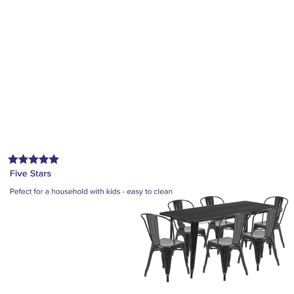 English Elm Gilbert Commercial-Grade Indoor-Outdoor Table Set with 6 Bistro Chairs for Timeless Dining Experience Black 31.5"W x 63"L ET-CT005-6-30-BK-GG