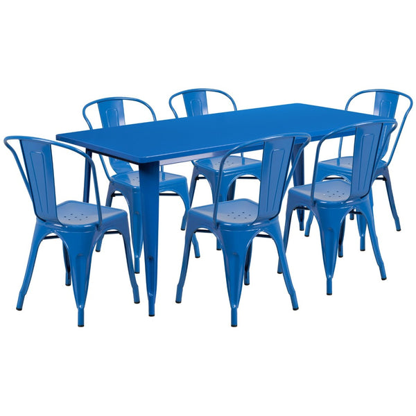English Elm Gilbert Commercial-Grade Indoor-Outdoor Table Set with 6 Bistro Chairs for Timeless Dining Experience Blue 31.5"W x 63"L ET-CT005-6-30-BL-GG