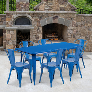 English Elm Gilbert Commercial-Grade Indoor-Outdoor Table Set with 6 Bistro Chairs for Timeless Dining Experience Blue 31.5"W x 63"L ET-CT005-6-30-BL-GG