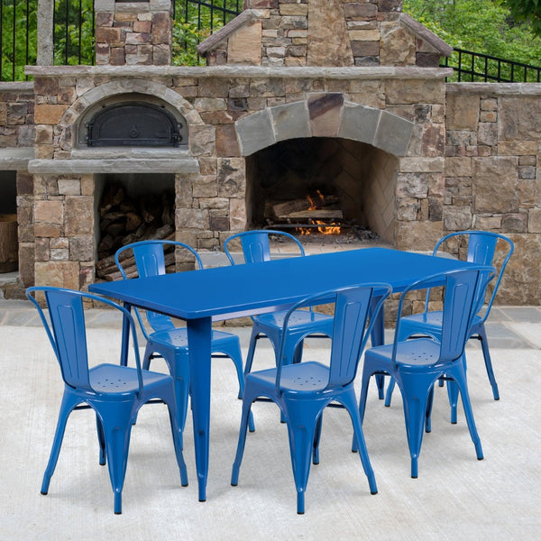 English Elm Gilbert Commercial-Grade Indoor-Outdoor Table Set with 6 Bistro Chairs for Timeless Dining Experience Blue 31.5"W x 63"L ET-CT005-6-30-BL-GG