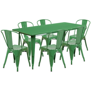 English Elm Gilbert Commercial-Grade Indoor-Outdoor Table Set with 6 Bistro Chairs for Timeless Dining Experience Green 31.5"W x 63"L ET-CT005-6-30-GN-GG