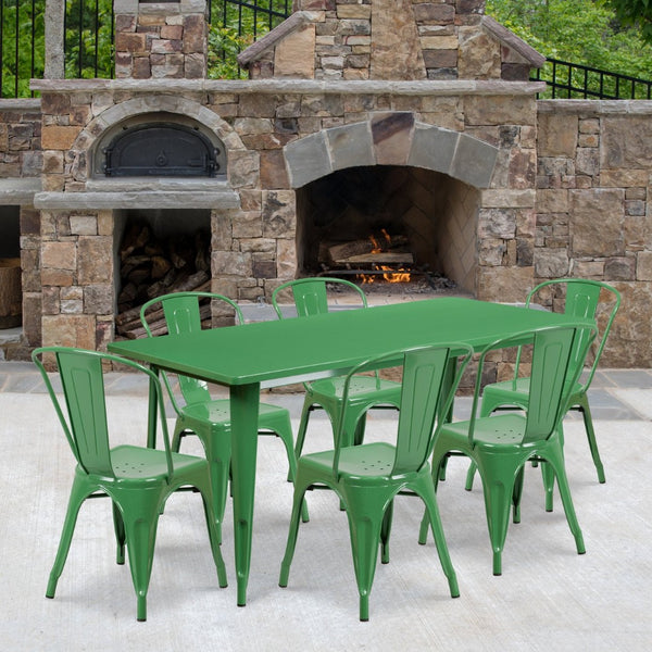English Elm Gilbert Commercial-Grade Indoor-Outdoor Table Set with 6 Bistro Chairs for Timeless Dining Experience Green 31.5"W x 63"L ET-CT005-6-30-GN-GG