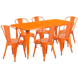 English Elm Gilbert Commercial-Grade Indoor-Outdoor Table Set with 6 Bistro Chairs for Timeless Dining Experience Orange 31.5"W x 63"L ET-CT005-6-30-OR-GG