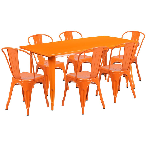 English Elm Gilbert Commercial-Grade Indoor-Outdoor Table Set with 6 Bistro Chairs for Timeless Dining Experience Orange 31.5"W x 63"L ET-CT005-6-30-OR-GG
