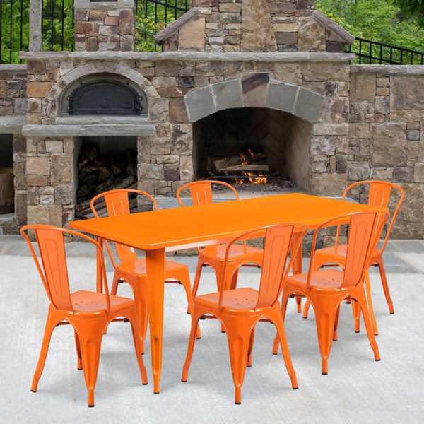 English Elm Gilbert Commercial-Grade Indoor-Outdoor Table Set with 6 Bistro Chairs for Timeless Dining Experience Orange 31.5"W x 63"L ET-CT005-6-30-OR-GG