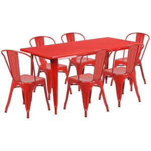 English Elm Gilbert Commercial-Grade Indoor-Outdoor Table Set with 6 Bistro Chairs for Timeless Dining Experience Red 31.5"W x 63"L ET-CT005-6-30-RED-GG