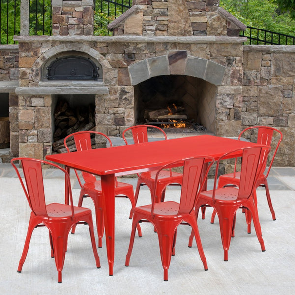 English Elm Gilbert Commercial-Grade Indoor-Outdoor Table Set with 6 Bistro Chairs for Timeless Dining Experience Red 31.5"W x 63"L ET-CT005-6-30-RED-GG