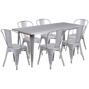 English Elm Gilbert Commercial-Grade Indoor-Outdoor Table Set with 6 Bistro Chairs for Timeless Dining Experience Silver 31.5"W x 63"L ET-CT005-6-30-SIL-GG