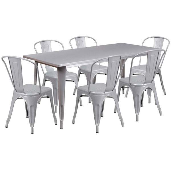 English Elm Gilbert Commercial-Grade Indoor-Outdoor Table Set with 6 Bistro Chairs for Timeless Dining Experience Silver 31.5"W x 63"L ET-CT005-6-30-SIL-GG