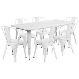 English Elm Gilbert Commercial-Grade Indoor-Outdoor Table Set with 6 Bistro Chairs for Timeless Dining Experience White 31.5"W x 63"L ET-CT005-6-30-WH-GG