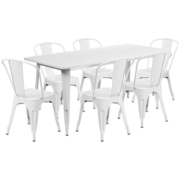 English Elm Gilbert Commercial-Grade Indoor-Outdoor Table Set with 6 Bistro Chairs for Timeless Dining Experience White 31.5"W x 63"L ET-CT005-6-30-WH-GG