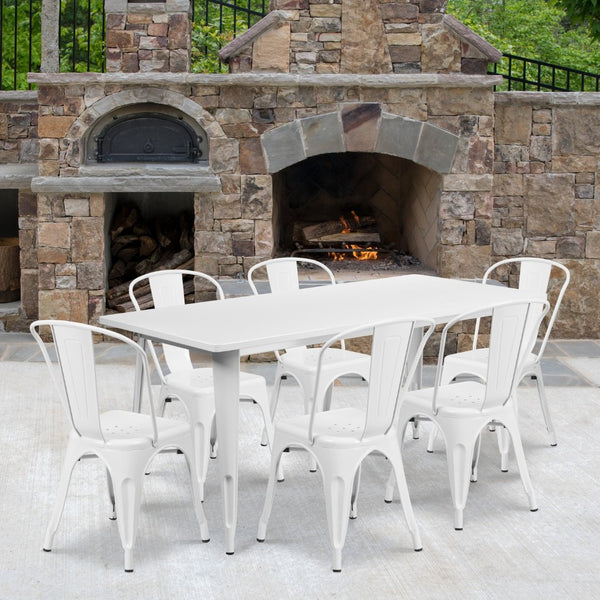 English Elm Gilbert Commercial-Grade Indoor-Outdoor Table Set with 6 Bistro Chairs for Timeless Dining Experience White 31.5"W x 63"L ET-CT005-6-30-WH-GG