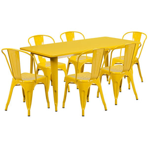 English Elm Gilbert Commercial-Grade Indoor-Outdoor Table Set with 6 Bistro Chairs for Timeless Dining Experience Yellow 31.5"W x 63"L ET-CT005-6-30-YL-GG