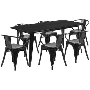 English Elm Oakley Commercial-Grade Rectangular Indoor-Outdoor Table Set with 6 Bistro Arm Chairs for Dining Black 31.5"W x 63"L ET-CT005-6-70-BK-GG
