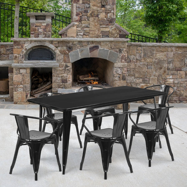 English Elm Oakley Commercial-Grade Rectangular Indoor-Outdoor Table Set with 6 Bistro Arm Chairs for Dining Black 31.5"W x 63"L ET-CT005-6-70-BK-GG
