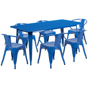 English Elm Oakley Commercial-Grade Rectangular Indoor-Outdoor Table Set with 6 Bistro Arm Chairs for Dining Blue 31.5"W x 63"L ET-CT005-6-70-BL-GG