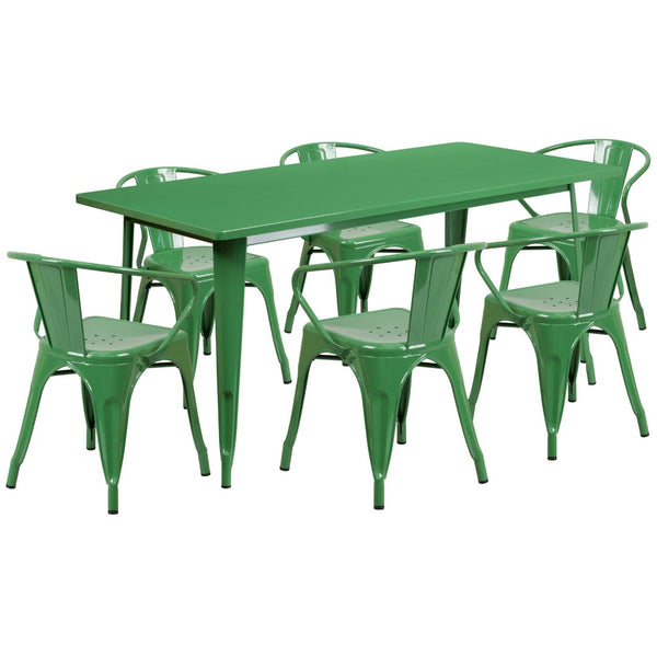 English Elm Oakley Commercial-Grade Rectangular Indoor-Outdoor Table Set with 6 Bistro Arm Chairs for Dining Green 31.5"W x 63"L ET-CT005-6-70-GN-GG