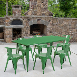 English Elm Oakley Commercial-Grade Rectangular Indoor-Outdoor Table Set with 6 Bistro Arm Chairs for Dining Green 31.5"W x 63"L ET-CT005-6-70-GN-GG