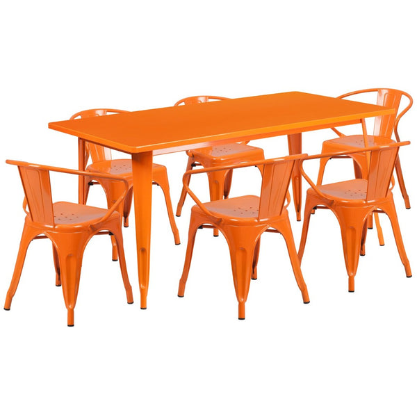 English Elm Oakley Commercial-Grade Rectangular Indoor-Outdoor Table Set with 6 Bistro Arm Chairs for Dining Orange 31.5"W x 63"L ET-CT005-6-70-OR-GG