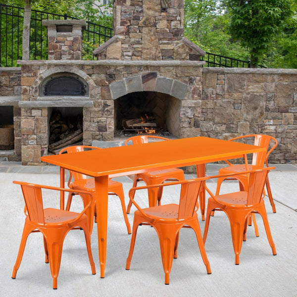 English Elm Oakley Commercial-Grade Rectangular Indoor-Outdoor Table Set with 6 Bistro Arm Chairs for Dining Orange 31.5"W x 63"L ET-CT005-6-70-OR-GG