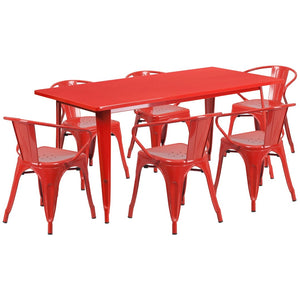 English Elm Oakley Commercial-Grade Rectangular Indoor-Outdoor Table Set with 6 Bistro Arm Chairs for Dining Red 31.5"W x 63"L ET-CT005-6-70-RED-GG