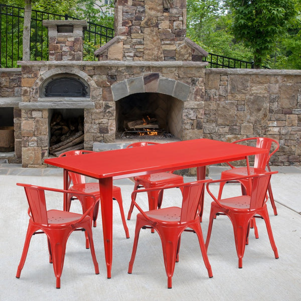 English Elm Oakley Commercial-Grade Rectangular Indoor-Outdoor Table Set with 6 Bistro Arm Chairs for Dining Red 31.5"W x 63"L ET-CT005-6-70-RED-GG