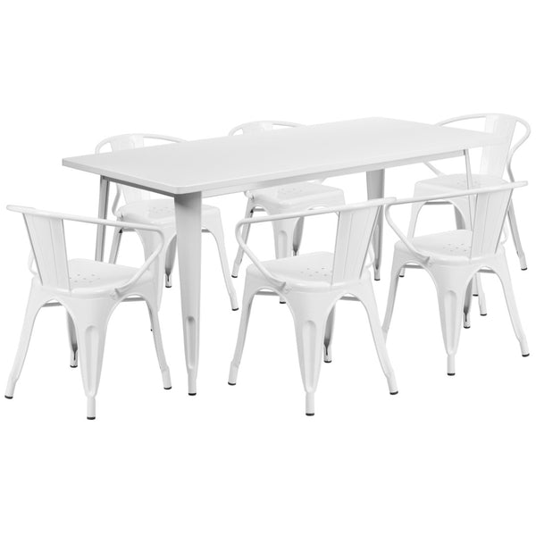 English Elm Oakley Commercial-Grade Rectangular Indoor-Outdoor Table Set with 6 Bistro Arm Chairs for Dining White 31.5"W x 63"L ET-CT005-6-70-WH-GG