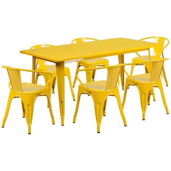 English Elm Oakley Commercial-Grade Rectangular Indoor-Outdoor Table Set with 6 Bistro Arm Chairs for Dining Yellow 31.5"W x 63"L ET-CT005-6-70-YL-GG