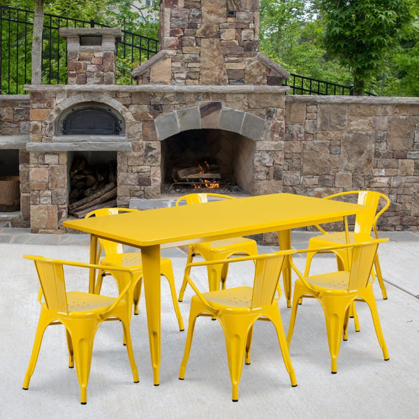 English Elm Oakley Commercial-Grade Rectangular Indoor-Outdoor Table Set with 6 Bistro Arm Chairs for Dining Yellow 31.5"W x 63"L ET-CT005-6-70-YL-GG