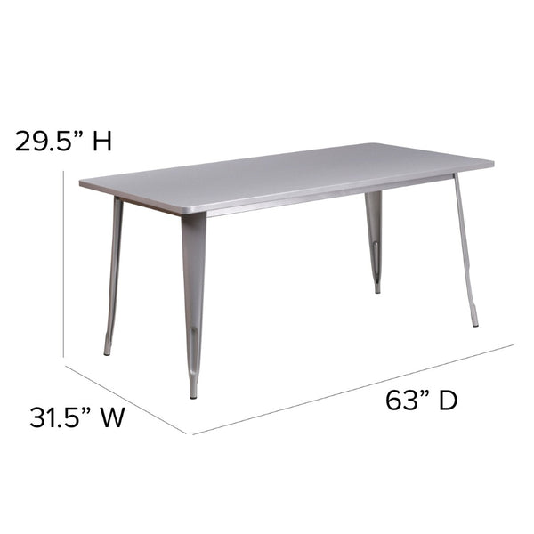 English Elm Charis Commercial-Grade Rectangular Metal Table for Indoor and Outdoor Dining - Durable Design, Seats Six Silver 31.5"W x 63"L ET-CT005-SIL-GG