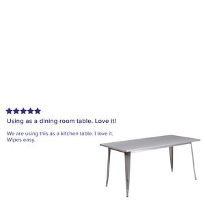 English Elm Charis Commercial-Grade Rectangular Metal Table for Indoor and Outdoor Dining - Durable Design, Seats Six Silver 31.5"W x 63"L ET-CT005-SIL-GG