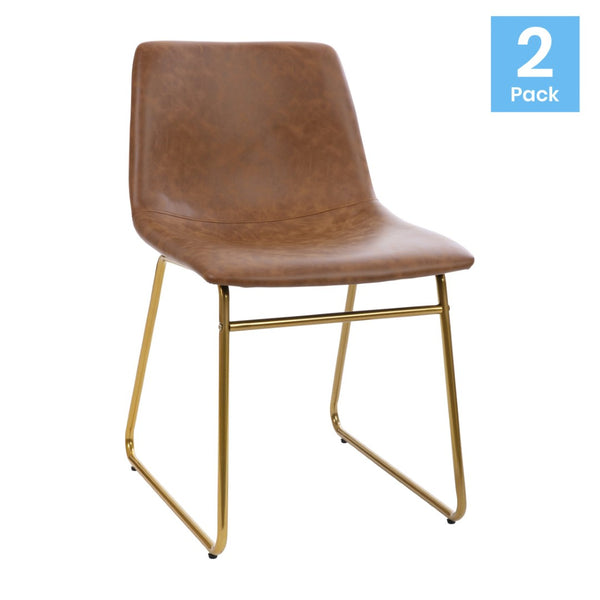 English Elm Butler Mid-Century Modern Dining Chairs Set of 2 - Elegant, Durable, Easy Assembly & Comfort Design Light Brown LeatherSoft/Gold Frame 18" High ET-ER18345-18-LB-GG