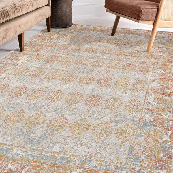Eternal Bordered Farmhouse Polypropylene Area Rug Vintage Warm Living Room Accent