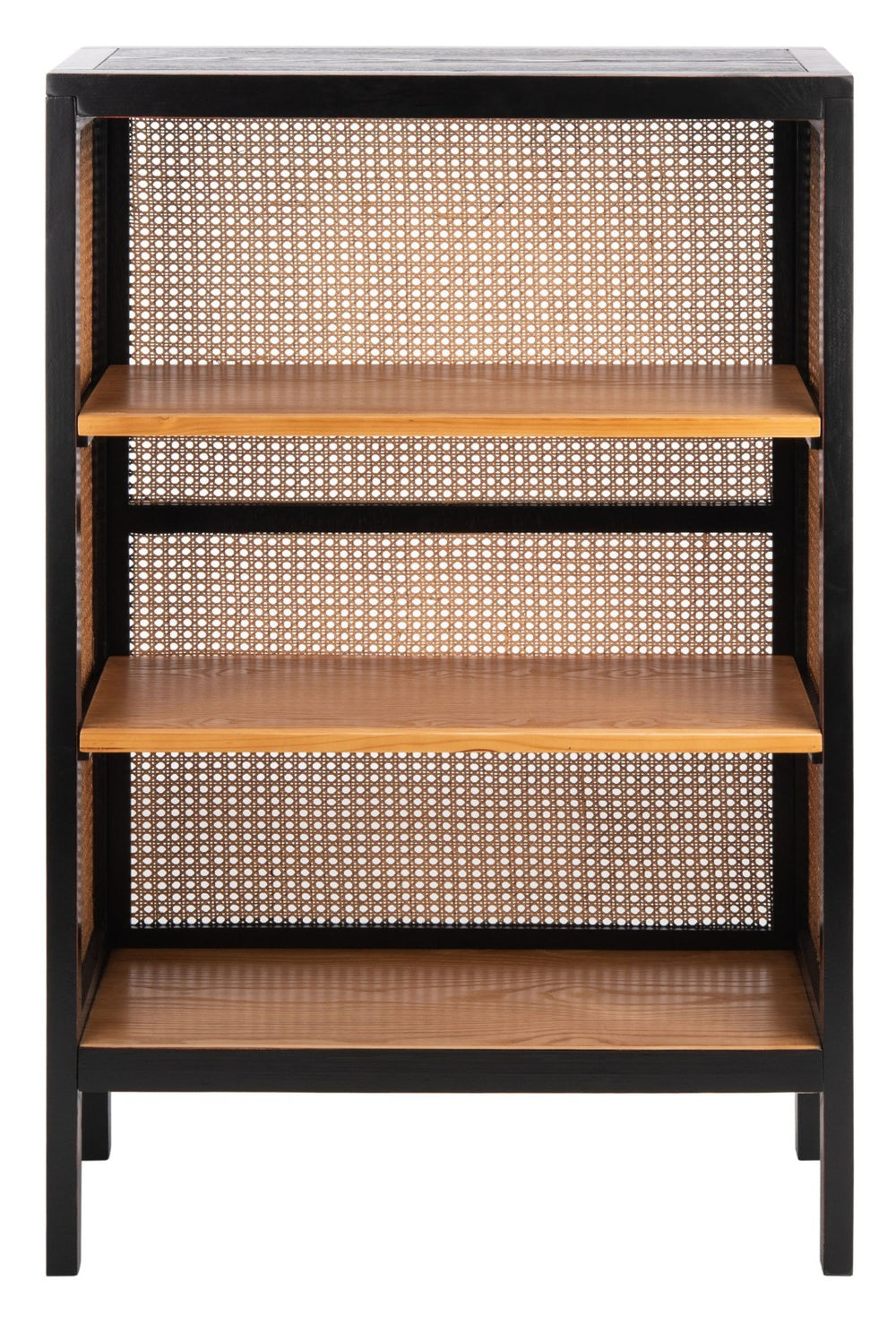 Safavieh Franz 3-Shelf Etagere - Modern Coastal Cane Back Bookcase With Black Wood Finish & Natural Charm ETG2103A