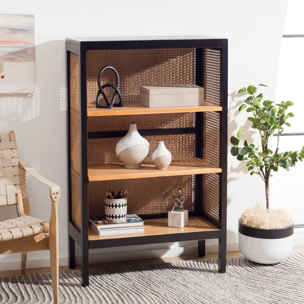 Safavieh Franz 3-Shelf Etagere - Modern Coastal Cane Back Bookcase With Black Wood Finish & Natural Charm ETG2103A