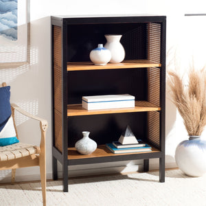 Safavieh Franz Modern Coastal Etagere With 3 Open Shelves - Stylish Black Wood & Natural Cane Accent Design ETG2104A