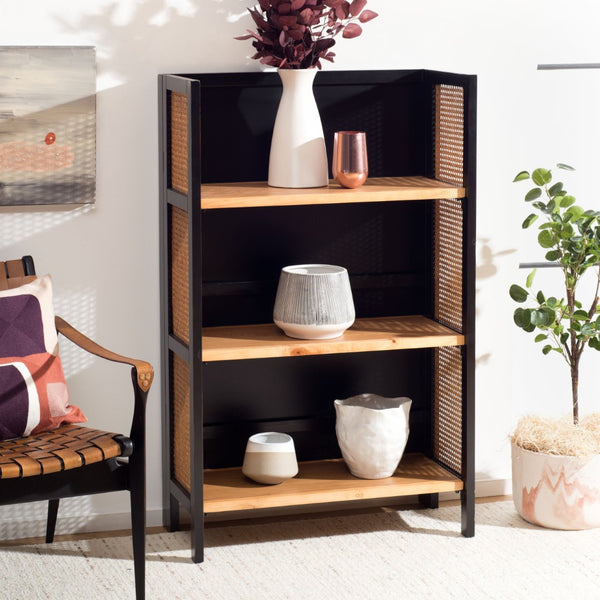 Safavieh Franz 3-Shelf Open Top Etagere - Modern Coastal Charm With Black Frame & Natural Cane Accent Design ETG2105A