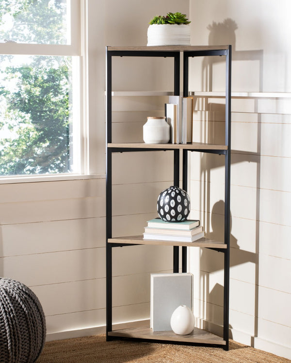 Safavieh Logan 4-Tier Industrial Corner Bookshelf – Stylish Black Iron Frame & Light Grey Oak Shelves For Modern Spaces ETG4200A