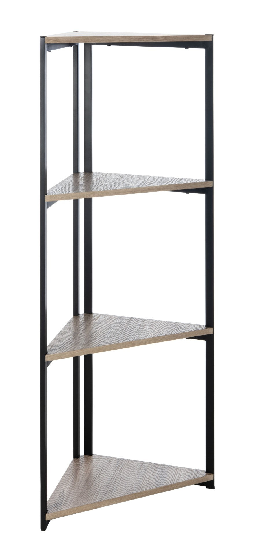 Safavieh Logan 4-Tier Industrial Corner Bookshelf – Stylish Black Iron Frame & Light Grey Oak Shelves For Modern Spaces ETG4200A