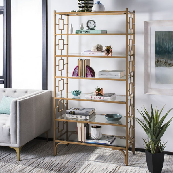 Safavieh Brooklyn 7-Tier Etagere - Elegant Gold Quatrefoil Frame With Glass Shelves For Stylish Storage Solutions ETG6203A