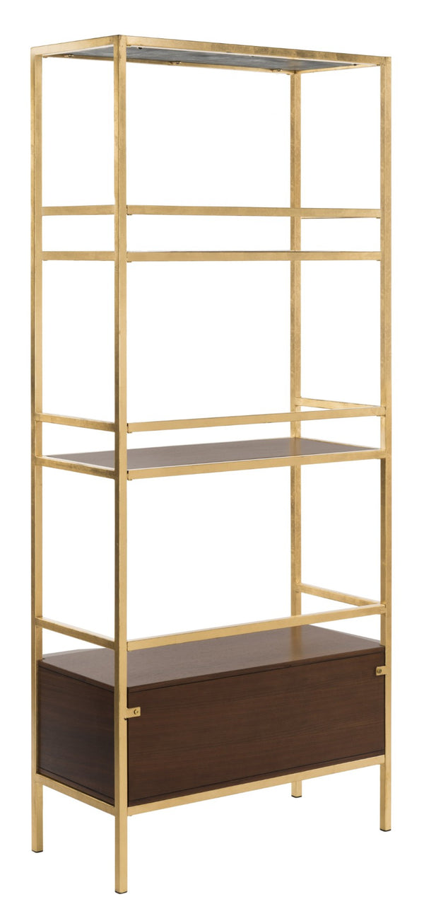 Safavieh Mateo 4-Tier Open Shelf Etagere With Drawer - Luxurious Walnut & Gold Frame For Stylish Storage Solutions ETG6205A