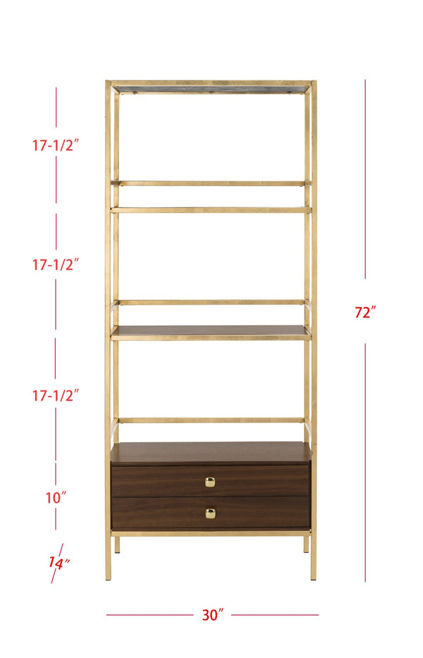 Safavieh Mateo 4-Tier Open Shelf Etagere With Drawer - Luxurious Walnut & Gold Frame For Stylish Storage Solutions ETG6205A