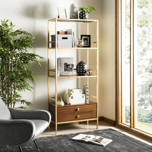 Safavieh Mateo 4-Tier Open Shelf Etagere With Drawer - Luxurious Walnut & Gold Frame For Stylish Storage Solutions ETG6205A