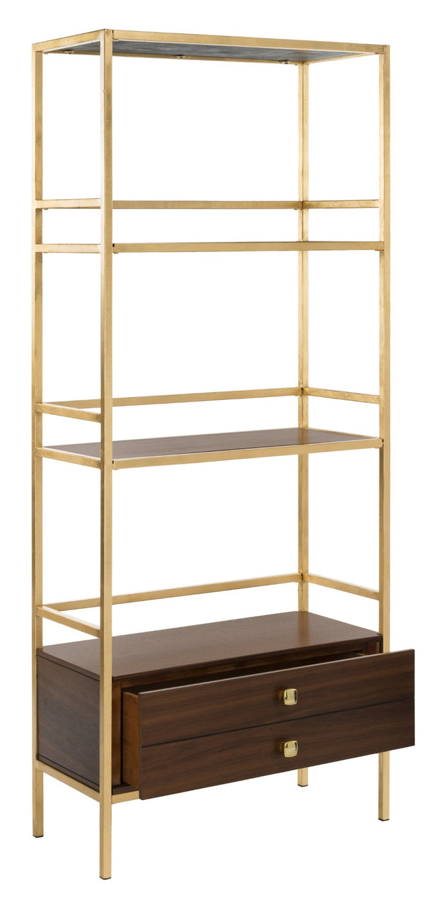 Safavieh Mateo 4-Tier Open Shelf Etagere With Drawer - Luxurious Walnut & Gold Frame For Stylish Storage Solutions ETG6205A