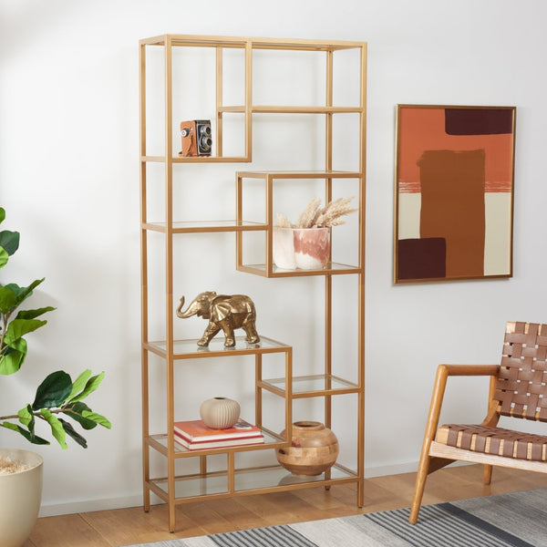 Safavieh Ramie Etagere With Staggered Shelves For Stylish Display In Living Rooms, Offices, And Entryways Gold ETG6404A