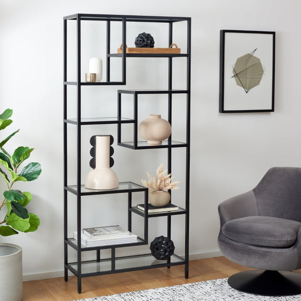 Safavieh Ramie Etagere With Staggered Shelves For Stylish Display In Living Rooms, Offices, And Entryways Matte Black ETG6404C